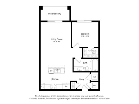 A floor plan of a house with a living room, kitchen, bathroom and bedroom.